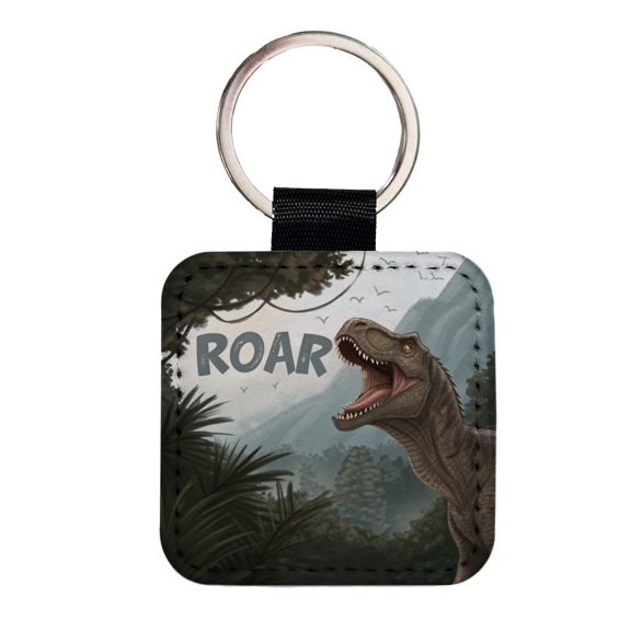 Iguanodon Roar Bold Text Dinosaur Faux Leather Square Keychain