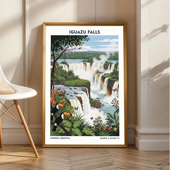 Iguazu Falls Art Print – Green And Blue And White Waterfall Illustration | Argentina Travel Poster – Living Room, Office Decor, Stretched Canvas Size 16x24