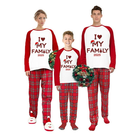 Ihaphap 2025 I Love My Family Plus Size Red Christmas Matching Pajamas Set, L-Women