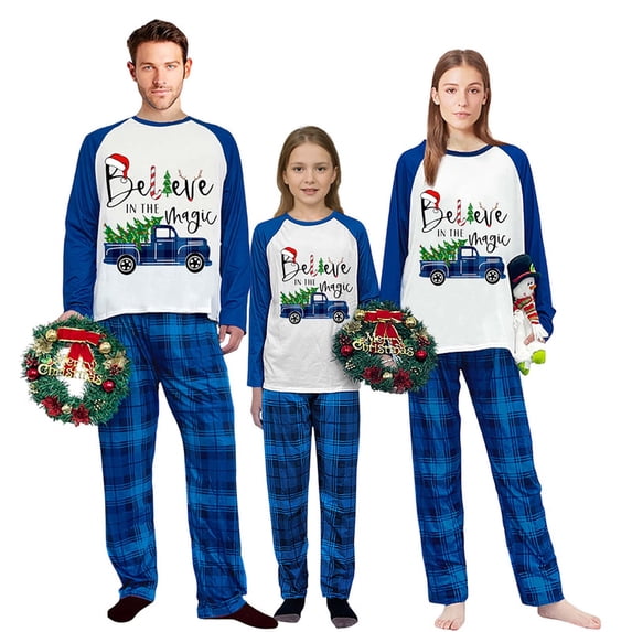 iHapHap Family Matching Christmas Pajamas Cotton Blend Long Sleeve Blue Plaid PJ Set, Womens 3XL