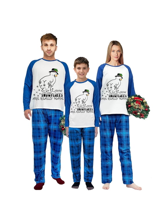 Blue Funny Family Christmas Matching Pajamas How Snowflakes Are Really Made Plus Size Pajamas Set, M-Men