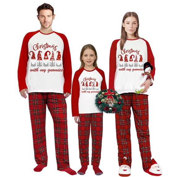 iHapHap Matching Family Christmas Pajamas Red Plaid Gnomes Sleepwear Set, 2-3T-Kid