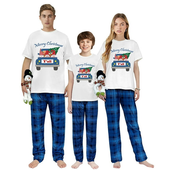Ihaphap Family Christmas Matching Pajamas Gnomies Merry Christmas Yall White Short Top and Blue Plaids Family Matching Pajamas Set, L-Women