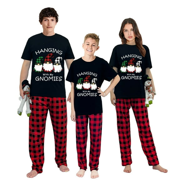 Ihaphap Family Christmas Matching Pajamas Hanging With My Gnomies Black Short Top and Red Plaids Family Matching Pajamas Set, L-Men