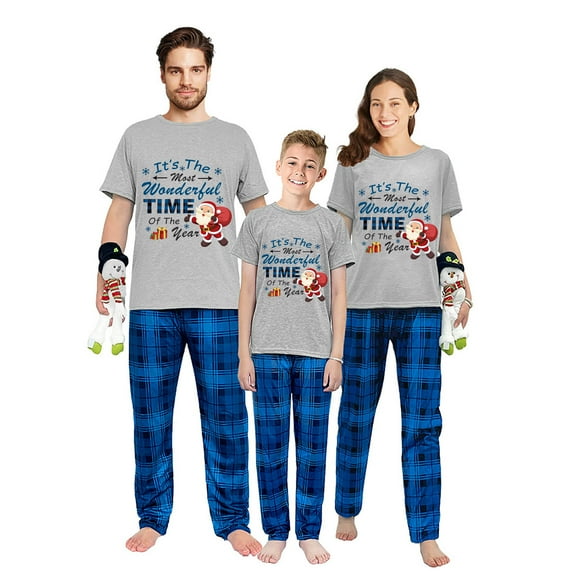 Ihaphap Family Christmas Matching Pajamas It‘s The Most Wonderful Time Of The Year Grey Short Top and Blue Plaids Pajamas Set, 3XL-Women