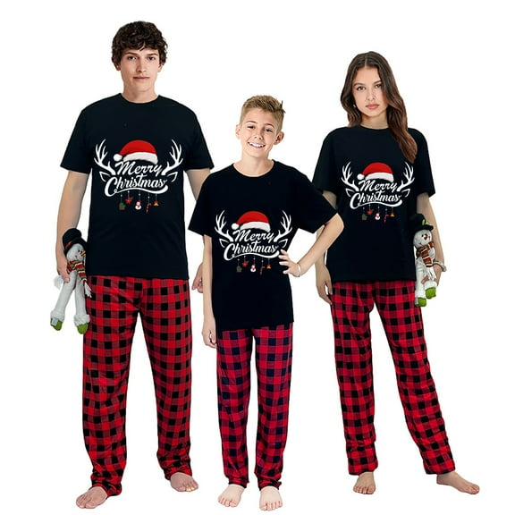 Ihaphap Family Christmas Matching Pajamas Merry Christmas Black Short Top and Red Plaids Family Matching Pajamas Set, 2XL-Men
