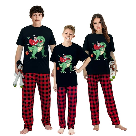 Ihaphap Family Christmas Matching Pajamas Santa Ridin Dinosaur Funny Merry Christmas Black Short Top and Red Plaids Family Matching Pajamas Set, 2XL-Men