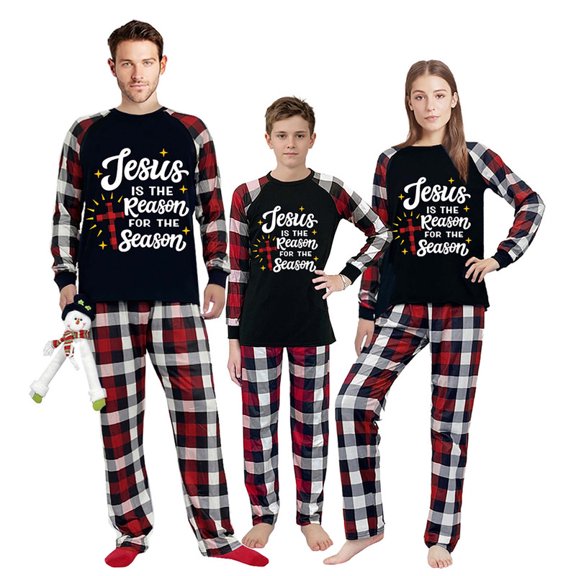 iHapHap Matching Family Christmas Pajamas Buffalo Plaid Cross Sleepwear Set, Men 2XL