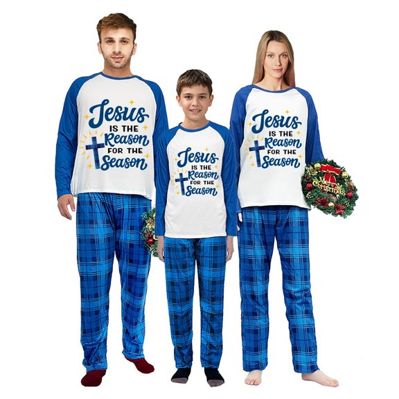 Ihaphap Jesus Is Reason For The Season Blue Family Christmas Matching Pajamas Set, M-Men