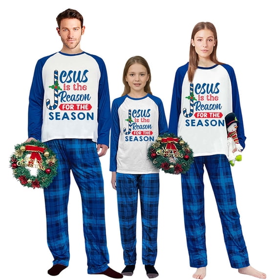 iHapHap Family Matching Christmas Pajamas Cotton Blend Long Sleeve Blue Plaid Sleep Set, 5-6Y-Kid