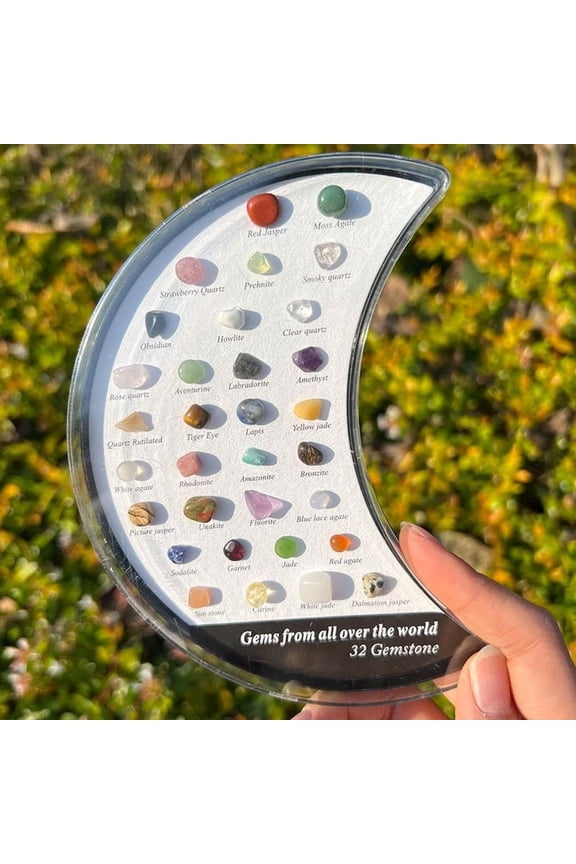 32 Types Natural Crystal Gemstone Moon Shaped Set - Educational Rock Crystals for Collectors & Decorative Gifts Clear