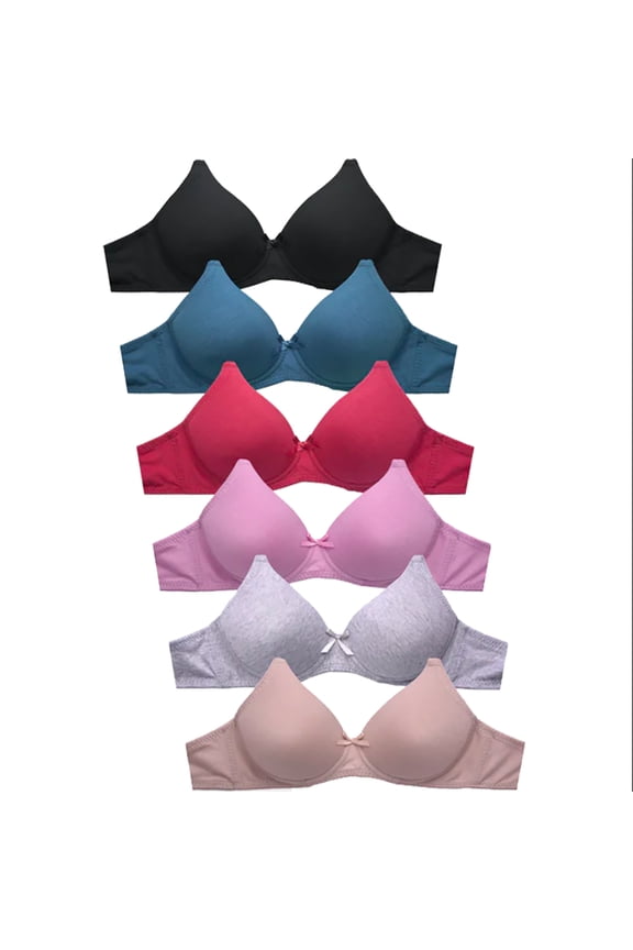 6 Pieces No Wire Full Cup Plain/Lace Light Padded Wire Free Bra A/B/C (38B, Style # 6317)