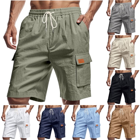 IhhxPro Big & Tall Men's Linen Gym Shorts Cargo with Elastic Waist Multi-Pockets Drawstring Workout Casual Summer Loose Fit Quick Dry Breathable Jogger S-3XL