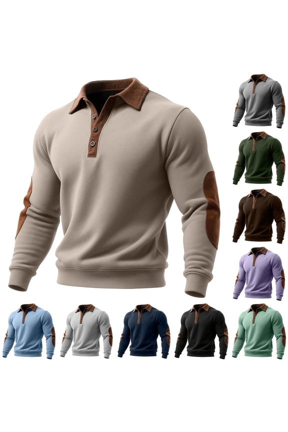 Big & Tall Men's Long Sleeve Henley Sweater with Brown Leather-Look Patches, Padded Elbow Design, Color Block Workwear Top for Casual Outings S-5XL