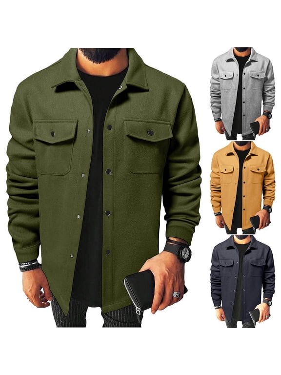 Big & Tall Men's Wool Long Sleeve Button down Shirt Fit Workwear Jacket with Double Chest Pockets Button-Up Coat S-3XL
