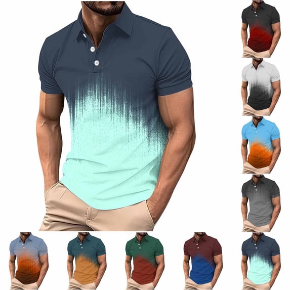 IhhxPro Big and Tall Men's Short Sleeve Gradient Collared Shirt with Button Detail Fashion Casual Summer Slim Fit Cotton Office Golf S-4XL