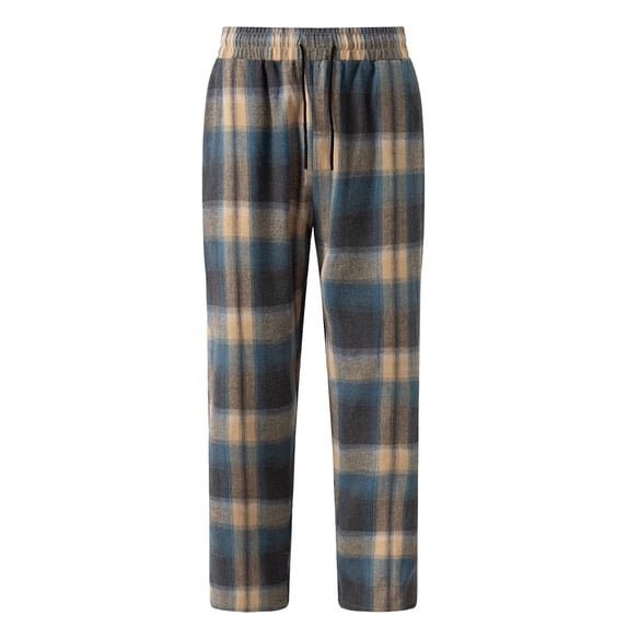 IhhxPro Men's Casual Plaid Drawstring Pants with Pockets Elastic Waist Checkered Trousers Loose Fit Jogger Straight Leg Cotton for Daily Wear Spring S-3XL