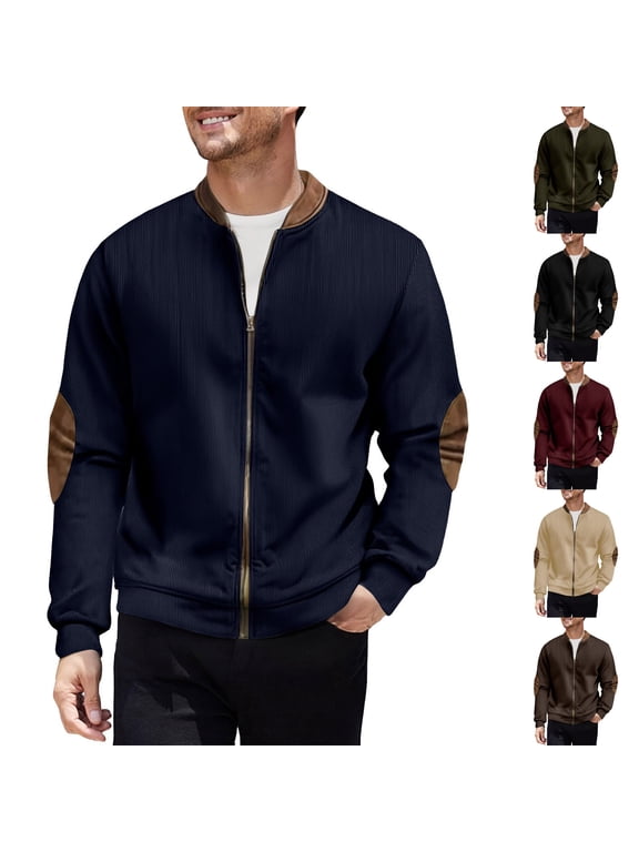 Men's Corduroy Long Sleeve Button down Shirt Zip-Up Jacket with Leather Elbow Patches Fit Patch Bomber S-2XL