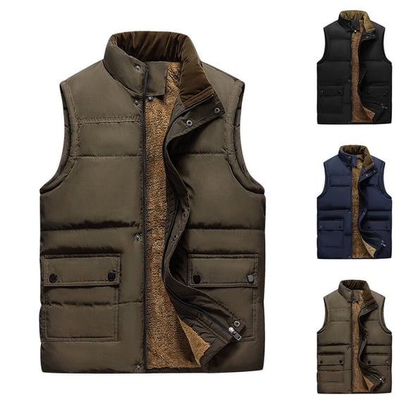 IhhxPro Men's Cotton Lined Vest with Pockets Loose Fit Windproof Warm Winter Casual Outdoor Quilted Gilet Jacket Solid Button down Stand Collar M-5XL