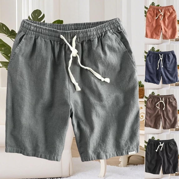 IhhxPro Men's Cotton Linen Running Shorts Athletic with Pockets Drawstring Gym Casual Summer Loose Fit Lightweight Breathable Jogger Training Workout M-3XL