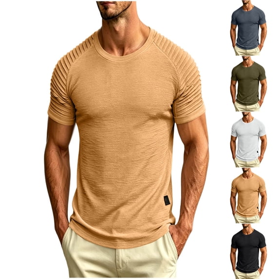 IhhxPro Men's Cotton Linen Short Sleeve Tee Ribbed Shoulder T-Shirt Breathable Slim Fit Crewneck M-3XL