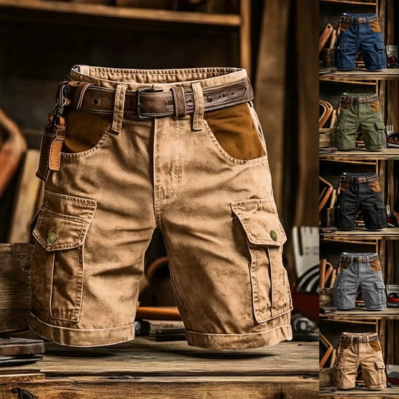 IhhxPro Men's Cotton Outdoor Cargo Shorts Work with Elastic Waist and Button Detail Multi Pocket Utility Relaxed Fit Casual Summer S-3XL