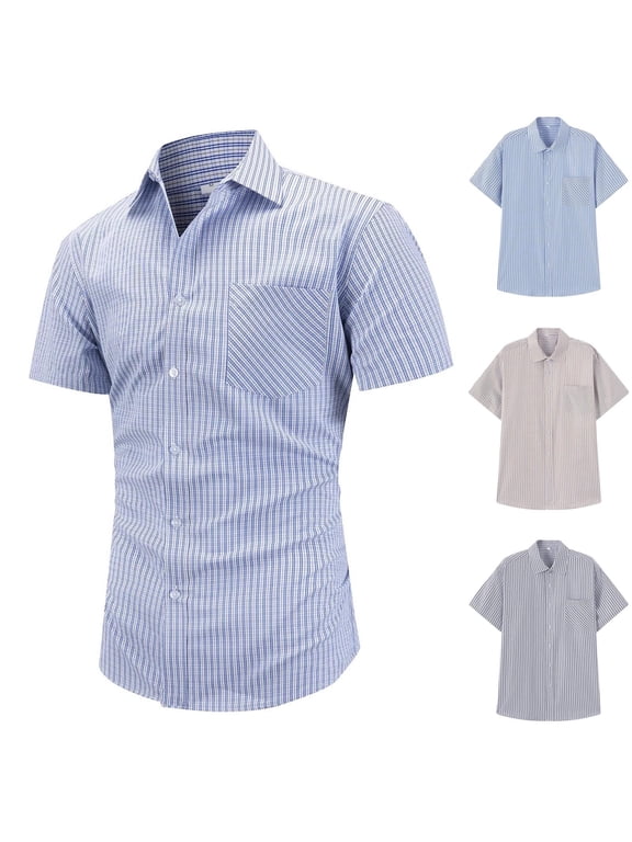 Men's Cotton Short Sleeve Button down Shirt Striped Button-Up with Pockets Fit Casual Classic Preppy Top for Summer Work Office Daily Wear Lightweight S-3XL