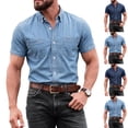 thumbnail image 1 of IhhxPro Men's Denim Short Sleeve Button down Shirt Button-Up with Pockets Fit Casual Classic Work Cotton Relaxed Summer XS-XL, 1 of 9