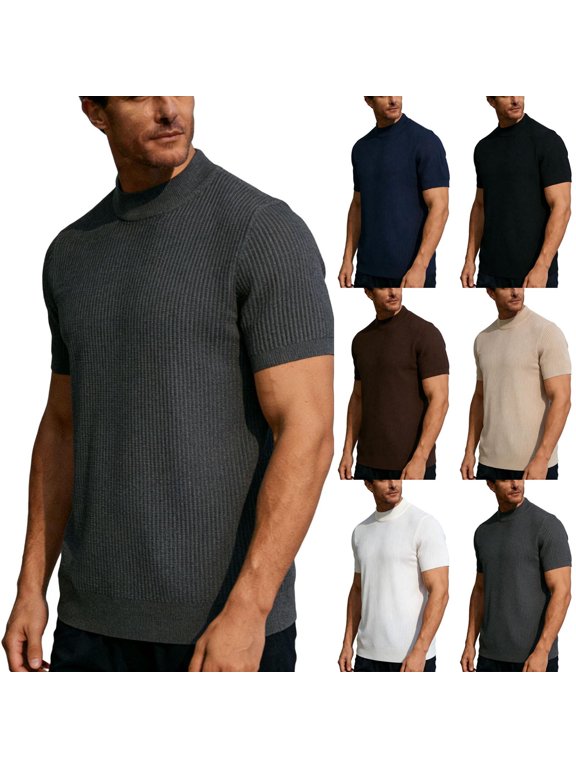 Men's Knit Short Sleeve Button down Shirt, Mock Neck Tee, Breathable, Ribbed, Casual Slim Fit, Lightweight Cotton , Summer Essential, Versatile Weekend Top S-2XL