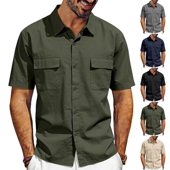 IhhxPro Men's Linen Button down Shirt Work with Multi-Pockets Breathable Fit Multi-Pocket Button-Up Casual Summer Office Outdoor Relaxed Long Sleeve S-3XL