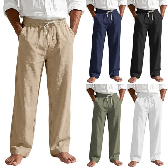 IhhxPro Men's Linen Outdoor Cargo Pants with Elastic Waist, Drawstring Casual Straight Leg Trousers, Relaxed Fit, Lightweight Summer Travel Hiking Style S-3XL