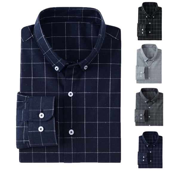 IhhxPro Men's Long Sleeve Button down Shirt Checkered Dress with Stretchable Fit Button-Up Casual Business Slim Cotton Office Work Weekend S-XL