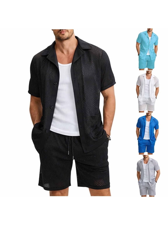 Men's Mesh Beach Set Relaxed Fit Drawstring Shorts Outfit Casual Summer Vacation Lightweight Quick Dry Swimwear Two Piece S-3XL