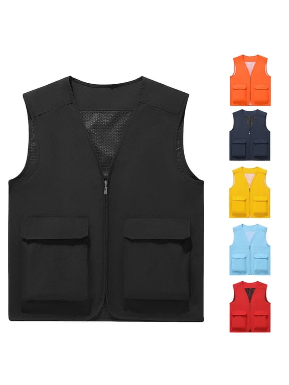 Men's Multi-Pocket Quick Dry Vest Outdoor Utility Lightweight Loose Fit Work Casual Hiking Fishing Travel Breathable Cotton Solid Color Sleeveless M-3XL