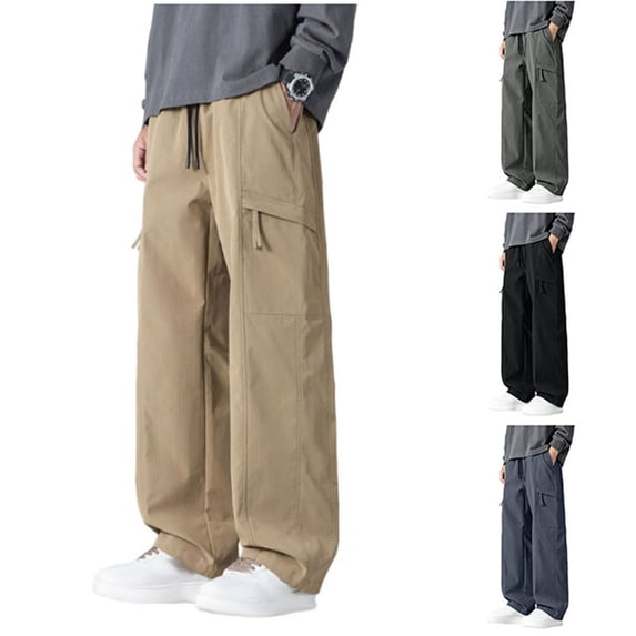 IhhxPro Men's Outdoor Cargo Pants with Elastic Waist Multi-Pockets Work Drawstring Trousers Lightweight Cotton Hiking Jogger Straight Leg Casual M-5XL