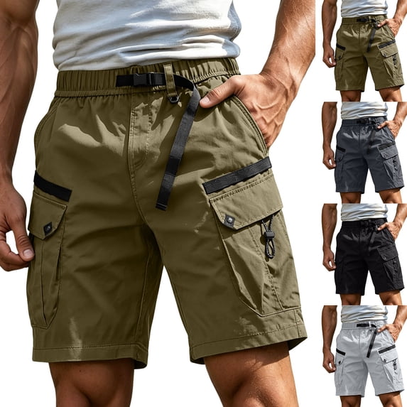 IhhxPro Men's Outdoor Cargo Shorts with Elastic Waist and Belt, Men for Hiking, Multi Pocket, Lightweight Cotton , Relaxed Fit, Summer Travel, Casual Utility Style M-2XL