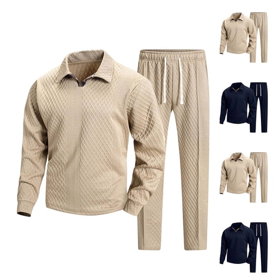 IhhxPro Men's Quilted Lounge Set Long Sleeve Button Detail Pajama with Pants XS-2XL