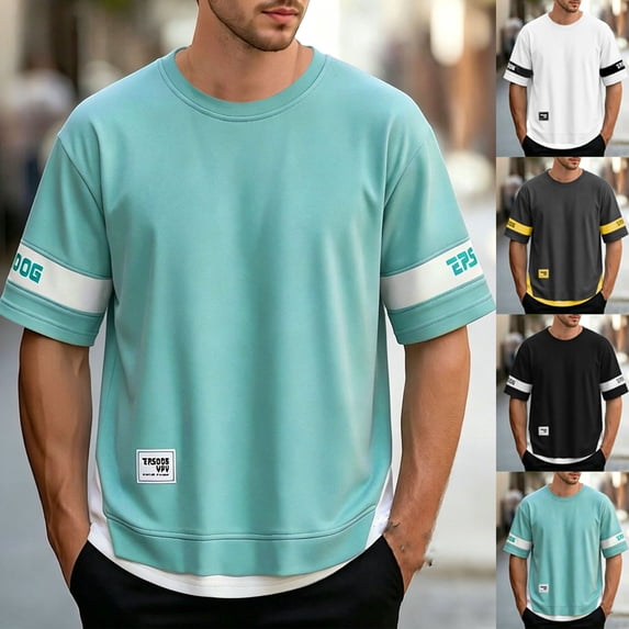 IhhxPro Men's Short Sleeve Faux Layered T-Shirt Quick Dry Contrast Crewneck Athletic Casual Workout Slim Fit Breathable Summer M-5XL