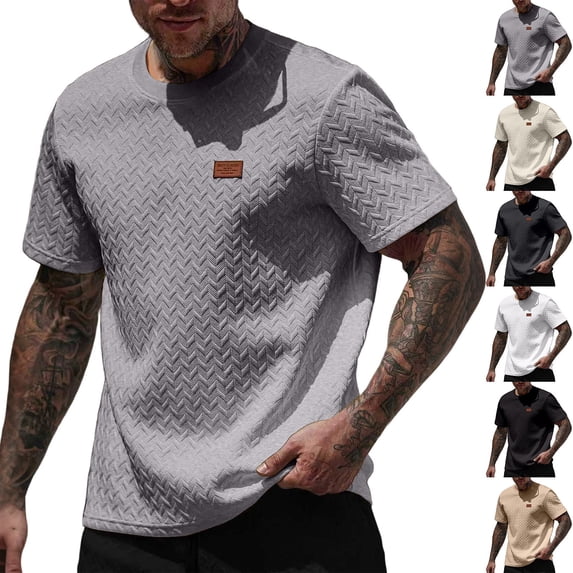 IhhxPro Men's Textured Crewneck Tee Quick Dry Short Sleeve Shirt for Men Fashion Casual Athletic Slim Fit Summer Cotton S-2XL