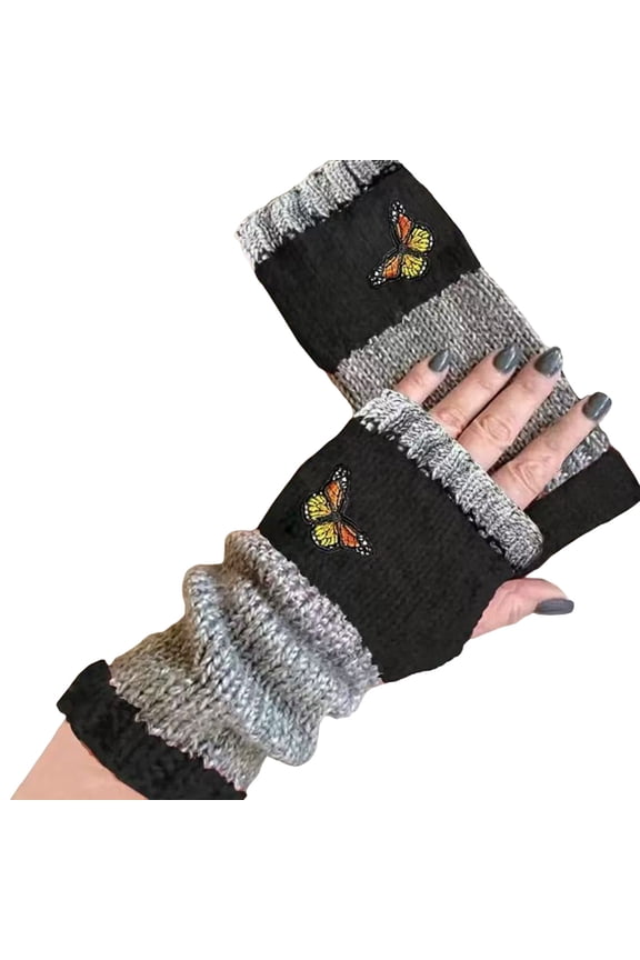 Embroidery Knit Gloves with Fingerless Design and Floral Pattern, Warm and Stylish for Casual Wear and Everyday Use, Black Knit, 1 Pc