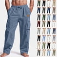 thumbnail image 1 of Ihhxva Big & Tall Men's Cotton Linen Cargo Pants Lightweight Casual Straight Leg Pants Elastic Drawstring Waist, Multiple Pockets Loose Fit Summer Beach Pants S-3XL, 1 of 10