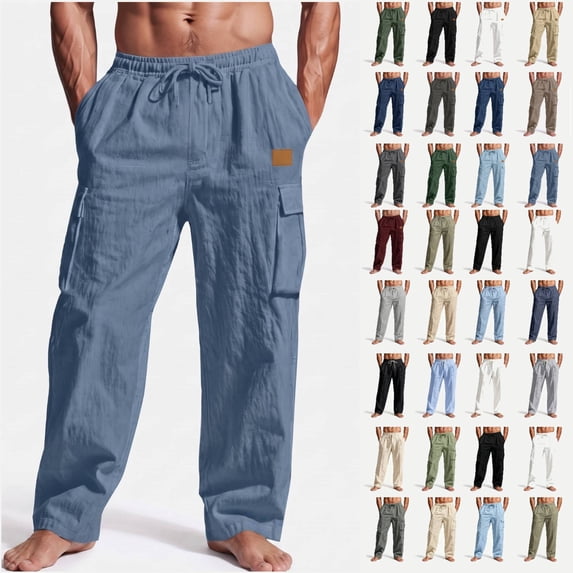 Ihhxva Big & Tall Men's Cotton Linen Cargo Pants Lightweight Casual Straight Leg Pants Elastic Drawstring Waist, Multiple Pockets Loose Fit Summer Beach Pants S-3XL