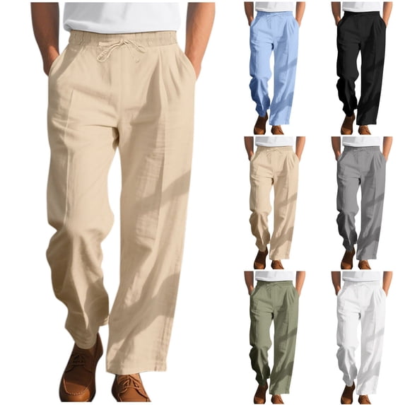 Ihhxva Big & Tall Men's Cotton Linen Wide Leg Pants, Loose Fit Drawstring Elastic Waist Trousers with Pockets, Casual Beach Vacation Pants M - 3XL