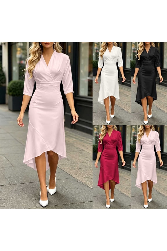 Bodycon Dress for Women Wrap Midi High-Waisted Asymmetrical Hemline V-Neck Elegant Cocktail Party Flowy Knit S-XL