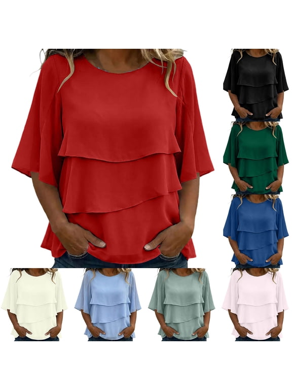 Chiffon Button down Shirts for Women Loose Fit Layered Blouse Three-Layer Ruffled Dolman Sleeves Boho Flowy Top S-3XL