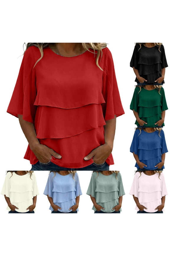 Chiffon Button down Shirts for Women Loose Fit Layered Blouse Three-Layer Ruffled Dolman Sleeves Boho Flowy Top S-3XL
