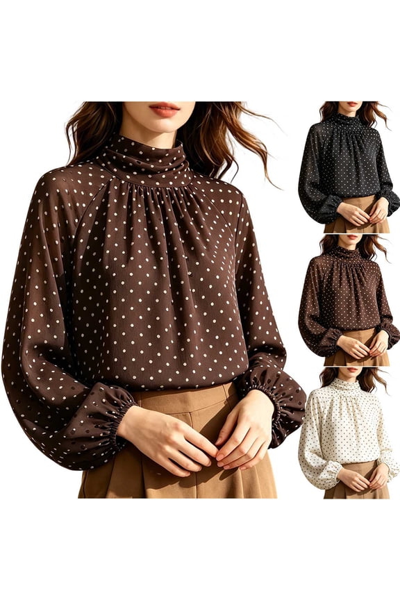 Chiffon Oversized Tops for Women Polka Dot Blouse High Neck Top with Puff Sleeves Flowy Casual Summer Tunic Blouson Style S-L