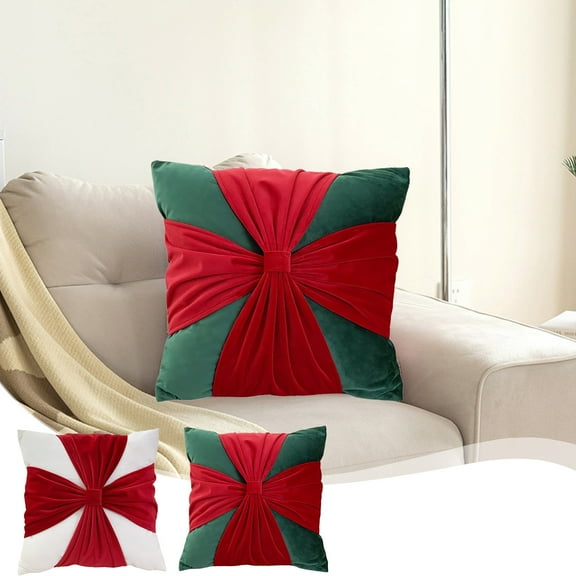 Ihhxva Christmas Holiday Decoration Throw Pillow Cover, Velvet Bow Sofa Cushion, Living Room Decorative Pillowcase for Sofa, Chair, Bed, Green, 1 Pc