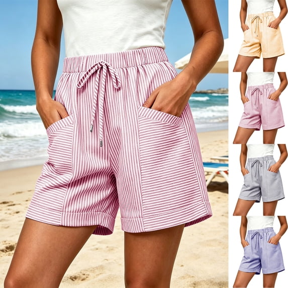 Ihhxva Cotton Beach Shorts for Women High Waist Elastic Drawstring Striped Adjustable Flat Front with Pockets Stretchable Exterior Pocket Summer Casual Workout Lounge S-2XL