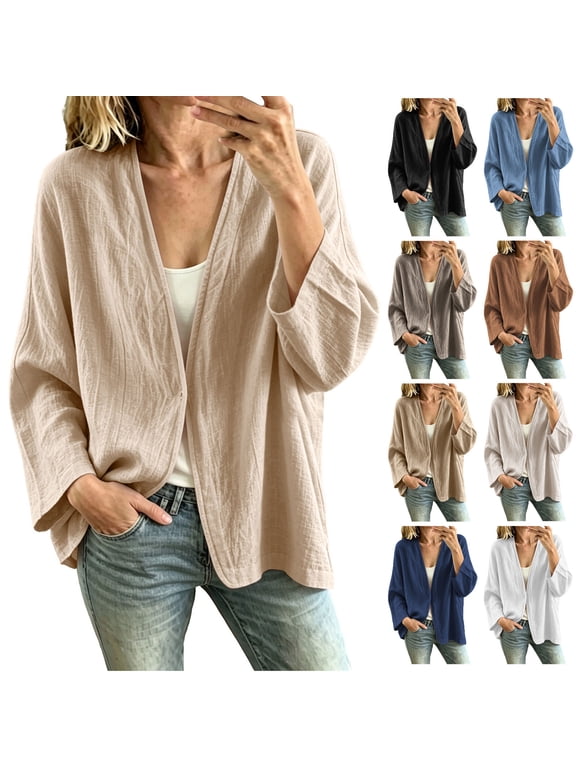 Cotton Linen Cardigan Sweater for Women, V-Neck Open Front Lightweight Cover up, Loose Relaxed Fit Long Sleeve Beach Day Office Casual Weekend Outings S-2XL